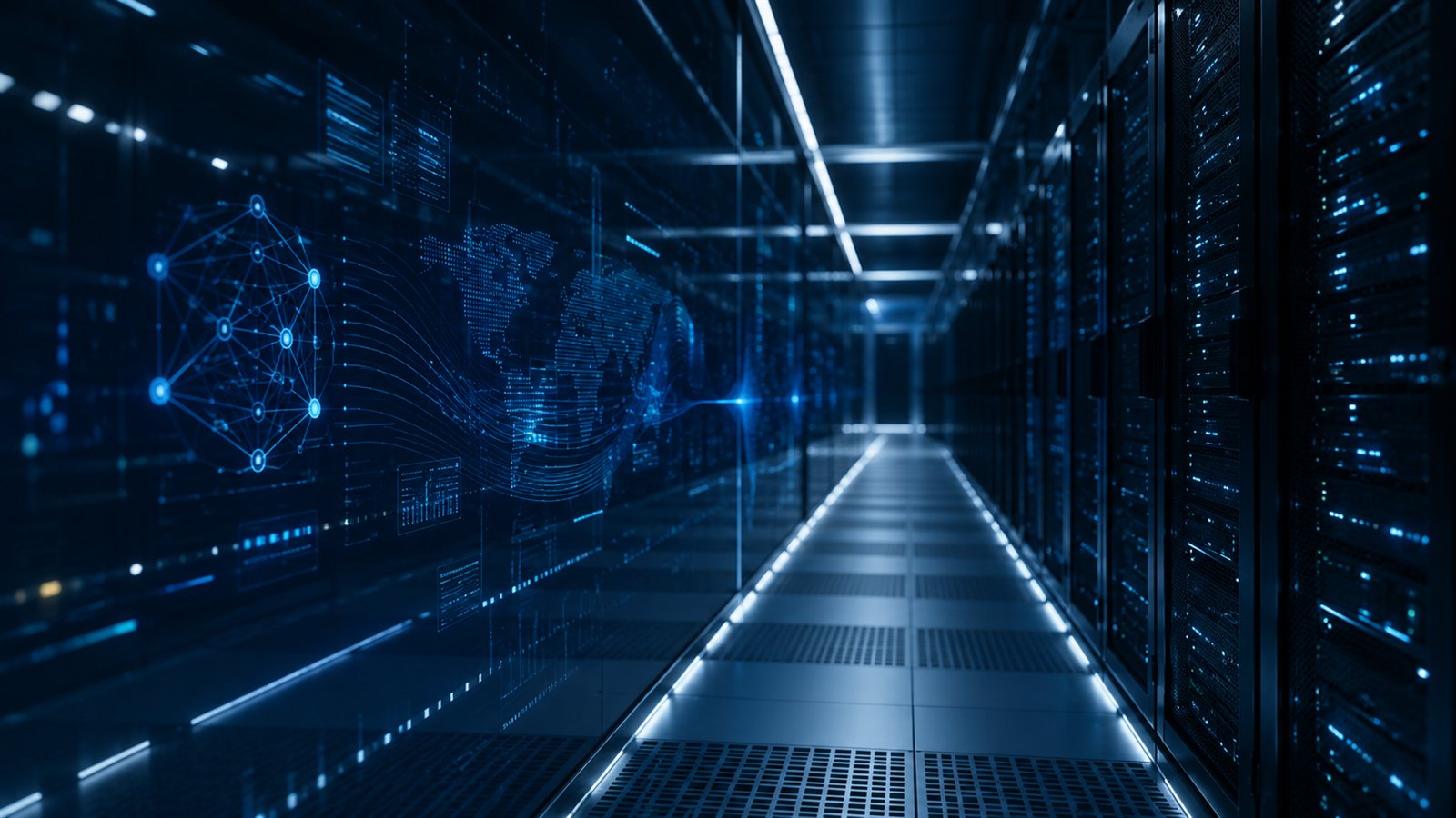Datacenter aisle with AI network visualization