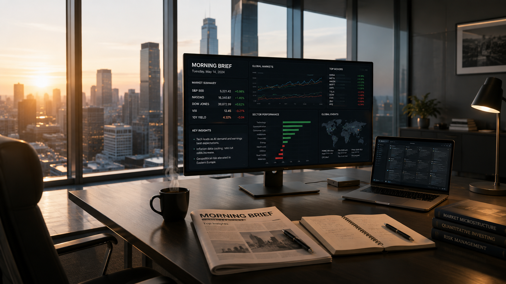 Sunrise corner office above a city skyline — an ultrawide monitor shows a Morning Brief market dashboard with index summary, global market charts, top movers, sector performance, and a world events map, beside a printed briefing, an open notebook, and coffee