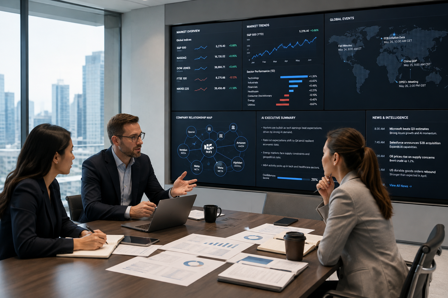 Research team reviewing a market intelligence wall — global indices, sector performance, company relationship map, and an AI executive summary