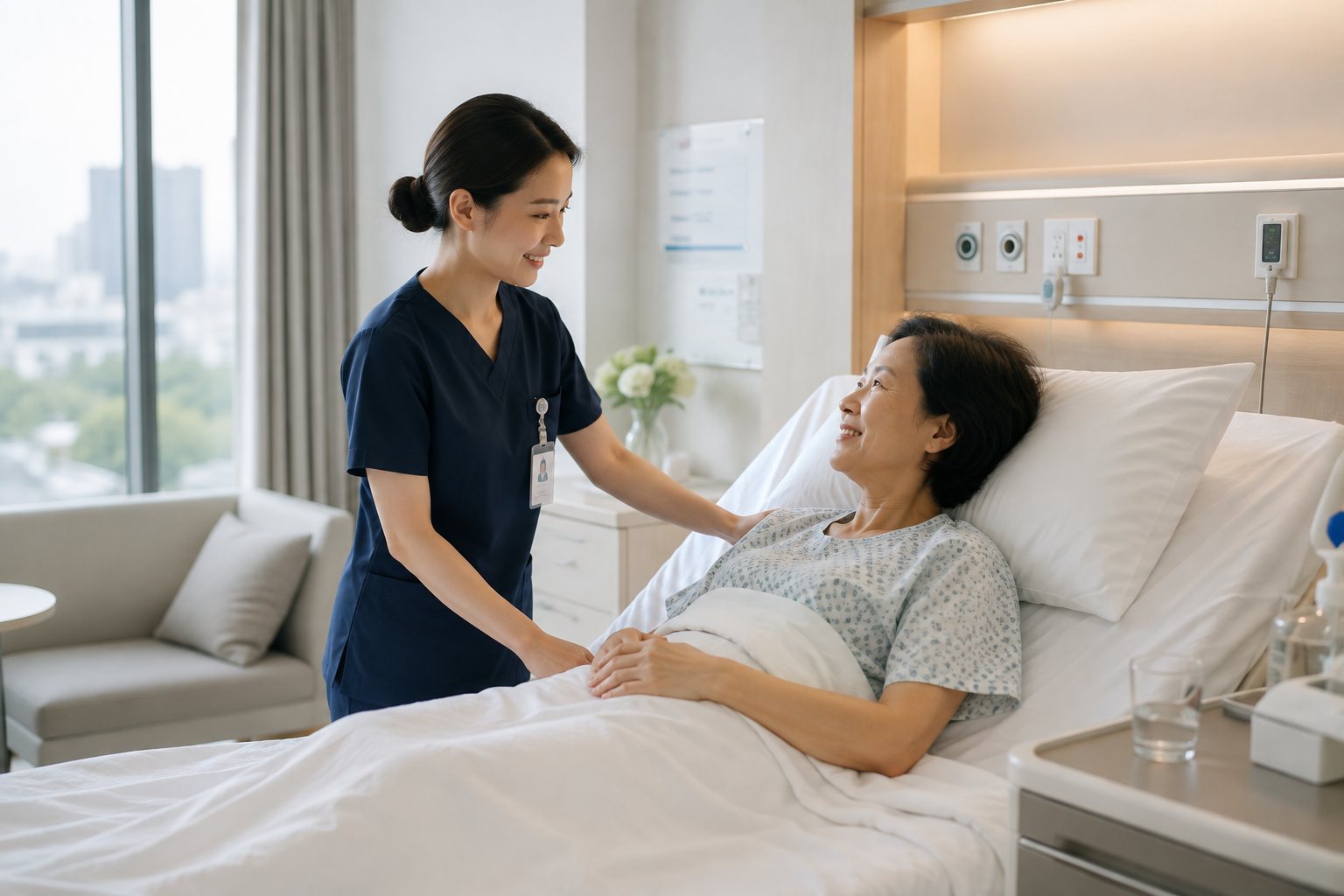 Nurse talking with a patient at the bedside in a bright hospital room