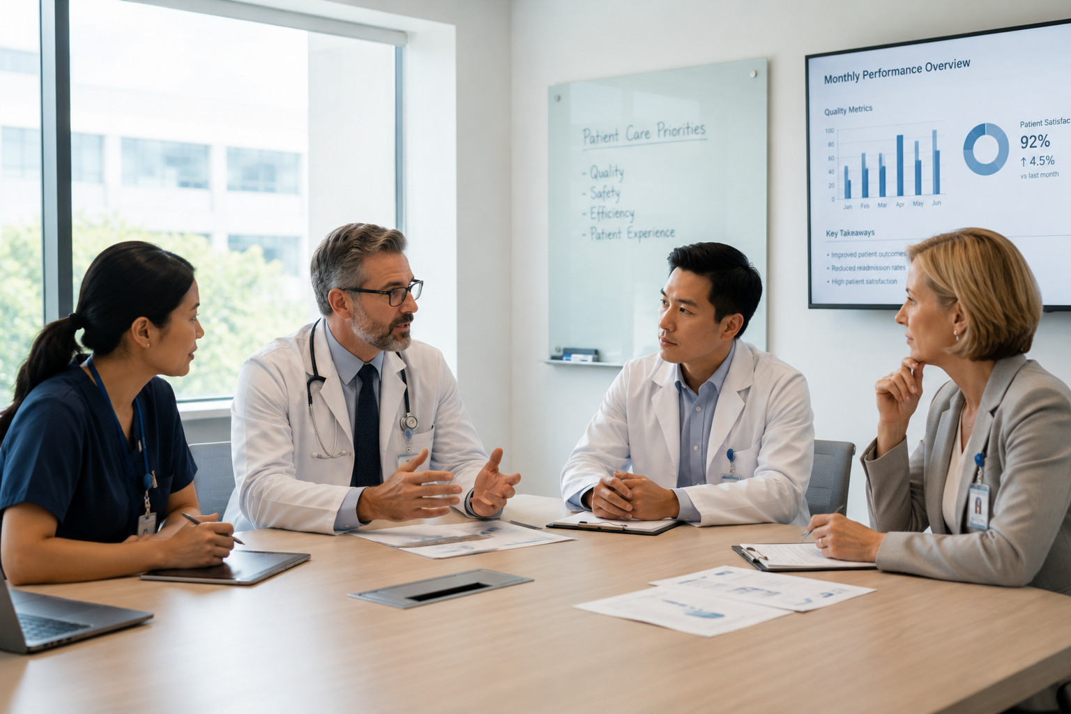 Hospital care team reviewing monthly performance metrics in a meeting room