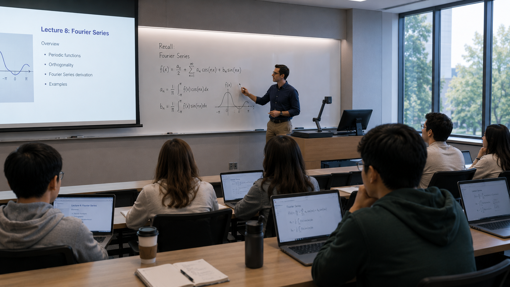 University lecture on Fourier series with students following AI-assisted courseware on laptops