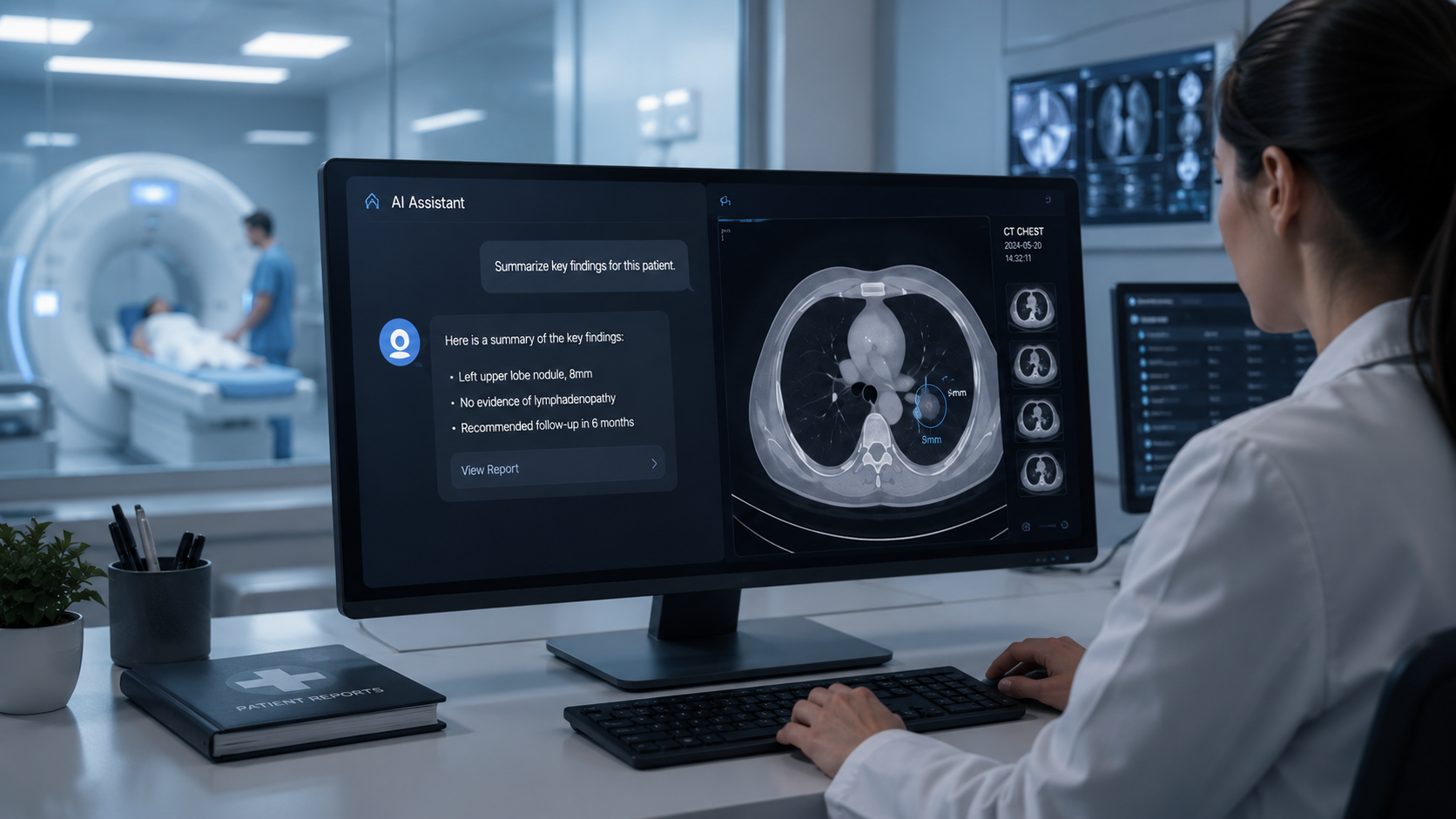 Healthcare AI assistant summarizing findings beside a CT scan
