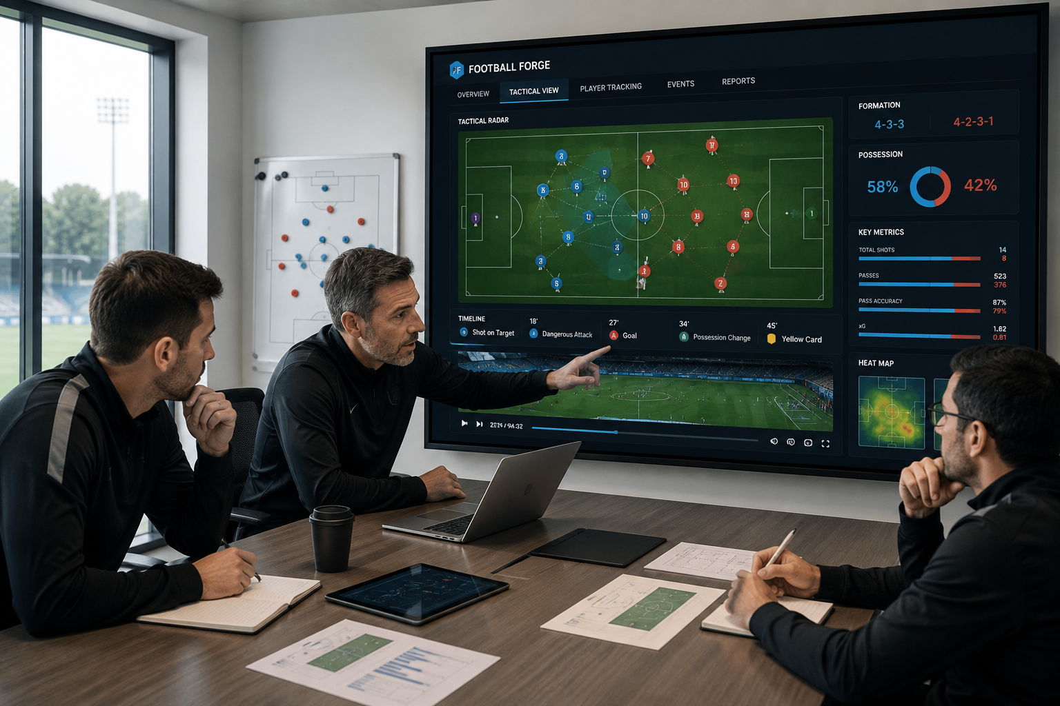 Coaching staff reviewing Football Forge tactical view — formation radar, possession split, key metrics, and heat map on a meeting-room screen