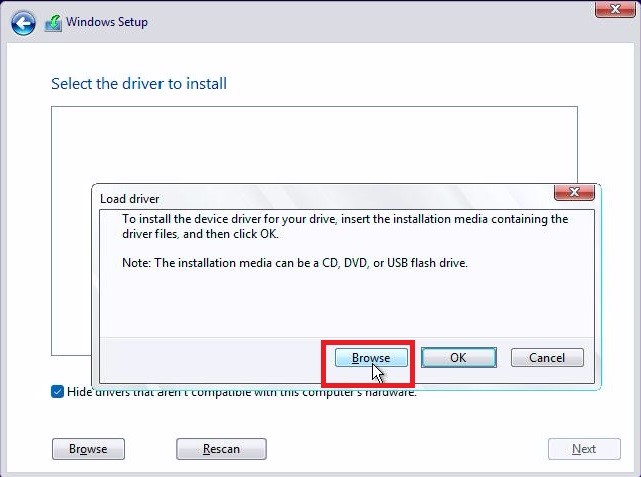 Click <Browse> and locate the driver on your USB flash drive. step1