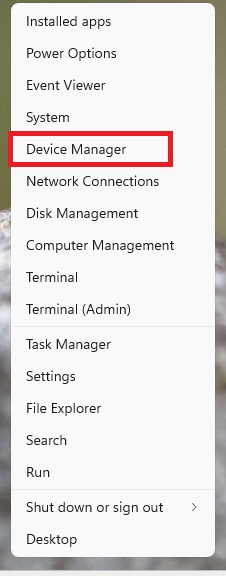 Right click the Windows Start button and select Device Manager.