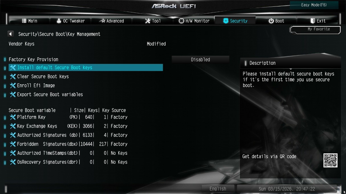 After clearing the keys, select Install Default Secure Boot Keys, then choose [Yes].