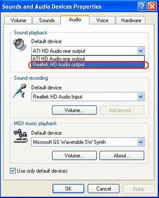 If the Default device of the Sound playback is ATI HD Audio rear output, please change it to Realtek HD Audio output